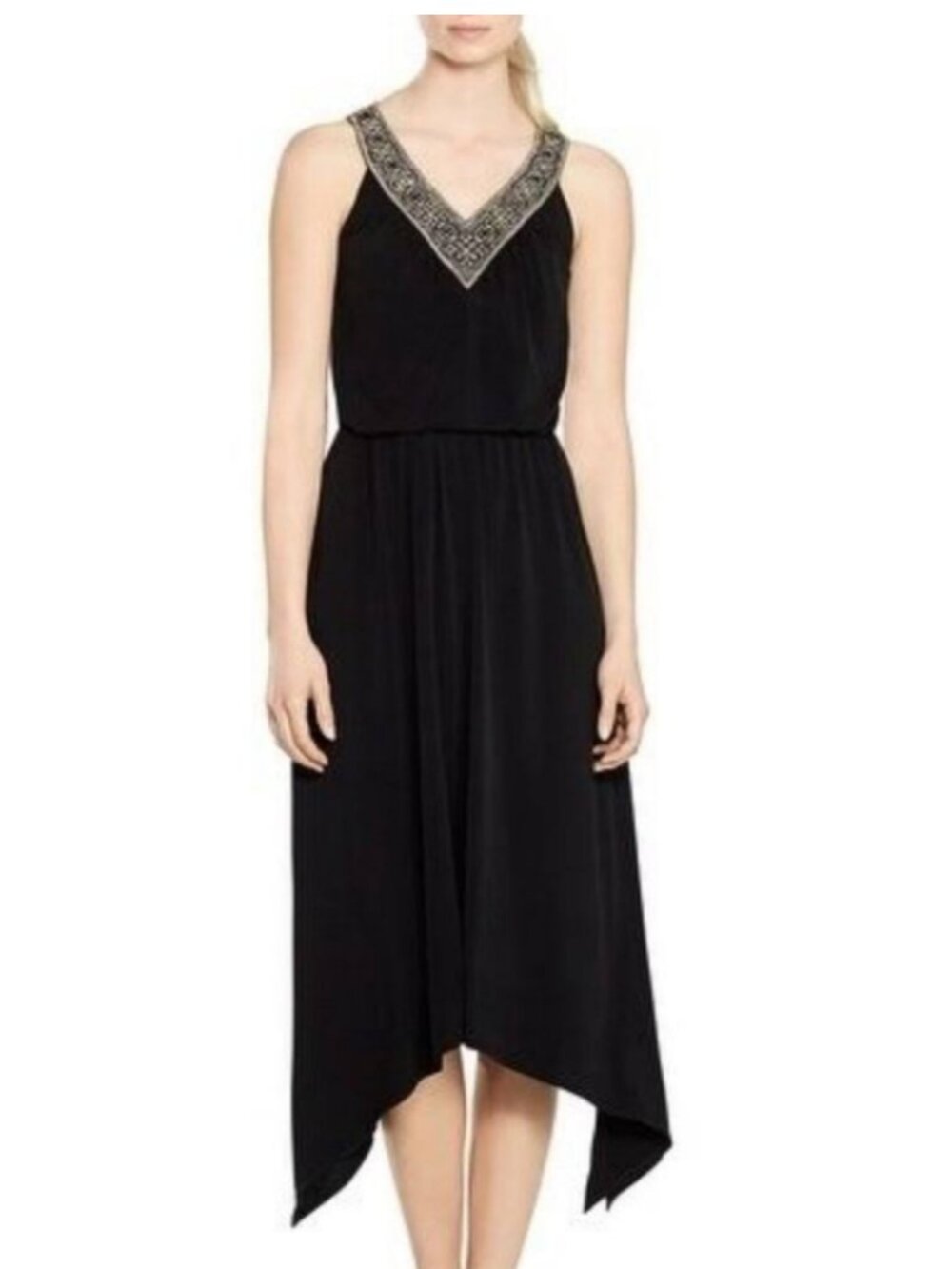 White‎ House Black Market Elegant Asymmetrical Dress Black V-Neck Sleeveless